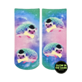 Ankle socks featuring a pastel galaxy print and multiple images of hedgehogs wearing top hats and bow ties. The hedgehogs appear to glow in the dark.