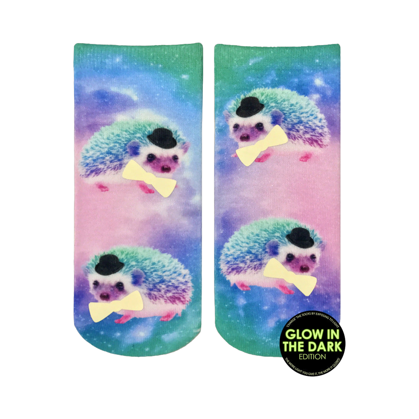 Ankle socks featuring a pastel galaxy print and multiple images of hedgehogs wearing top hats and bow ties. The hedgehogs appear to glow in the dark.