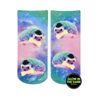 Ankle socks featuring a pastel galaxy print and multiple images of hedgehogs wearing top hats and bow ties. The hedgehogs appear to glow in the dark.