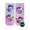 Crew socks with a pastel galaxy print.  Rainbow sloths wear flower crowns.  Glow-in-the-dark feature.