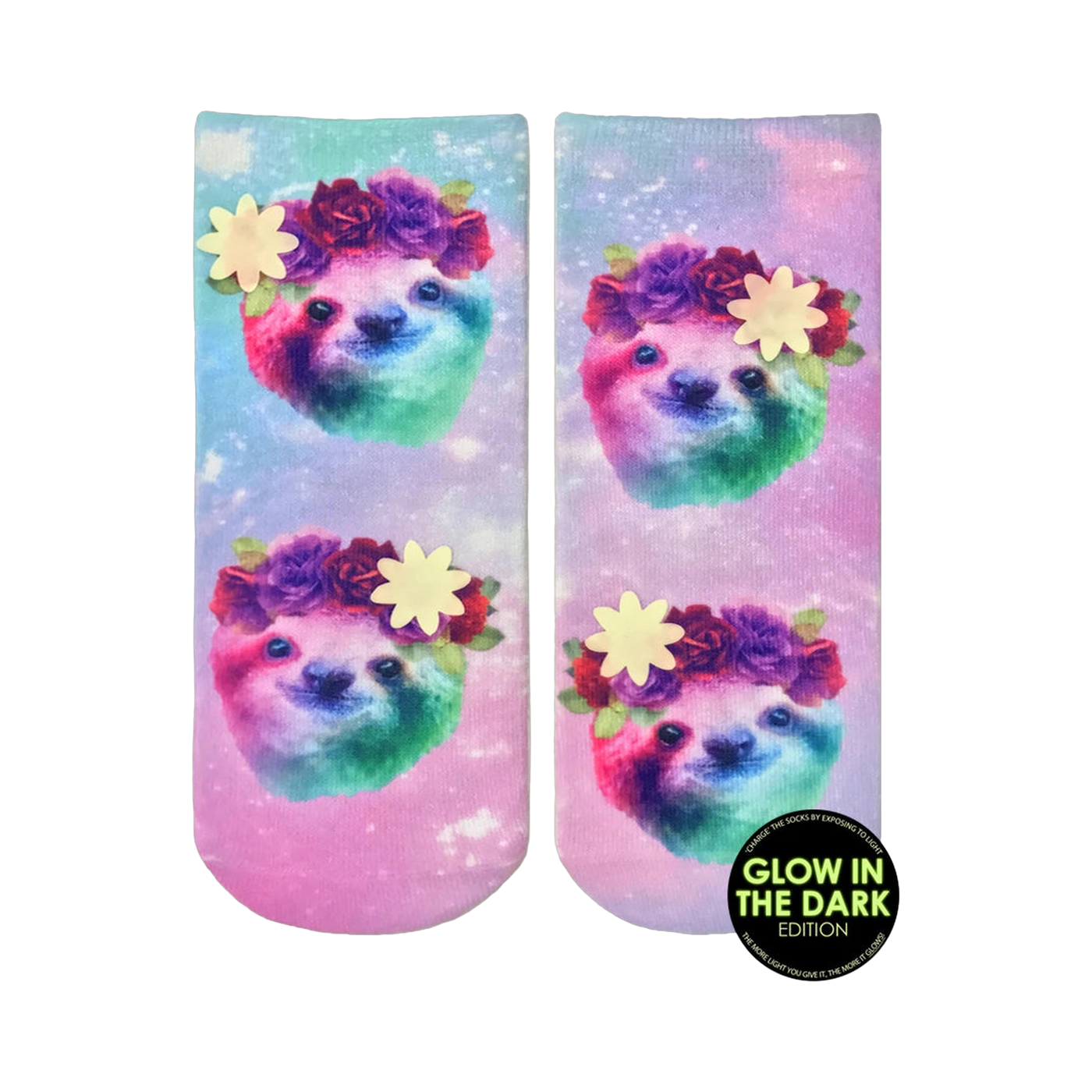 Crew socks with a pastel galaxy print.  Rainbow sloths wear flower crowns.  Glow-in-the-dark feature.