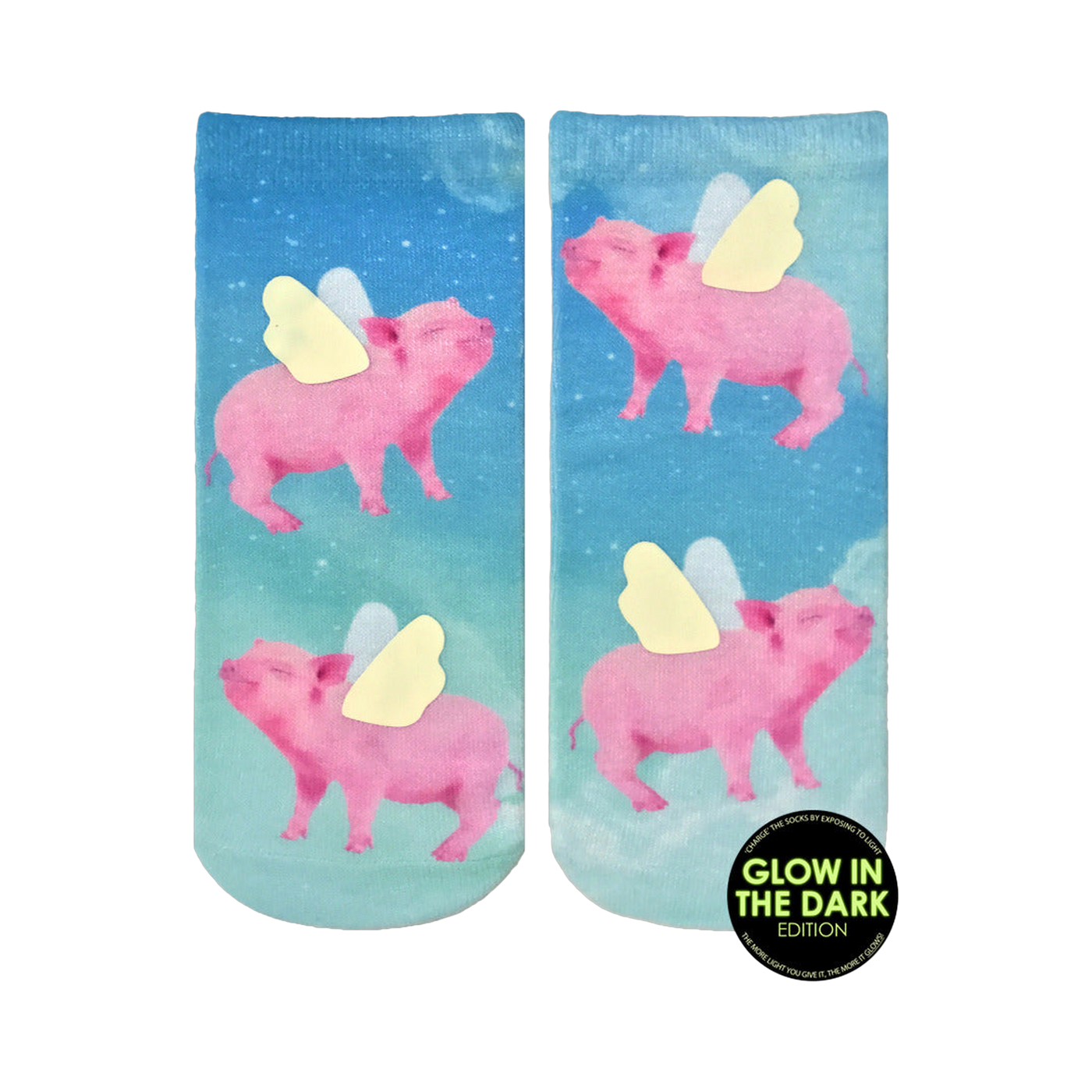 Lifestyle shot of the 'When Pigs Fly Glow' socks on a person's feet. The glow-in-the-dark detail is subtly visible.