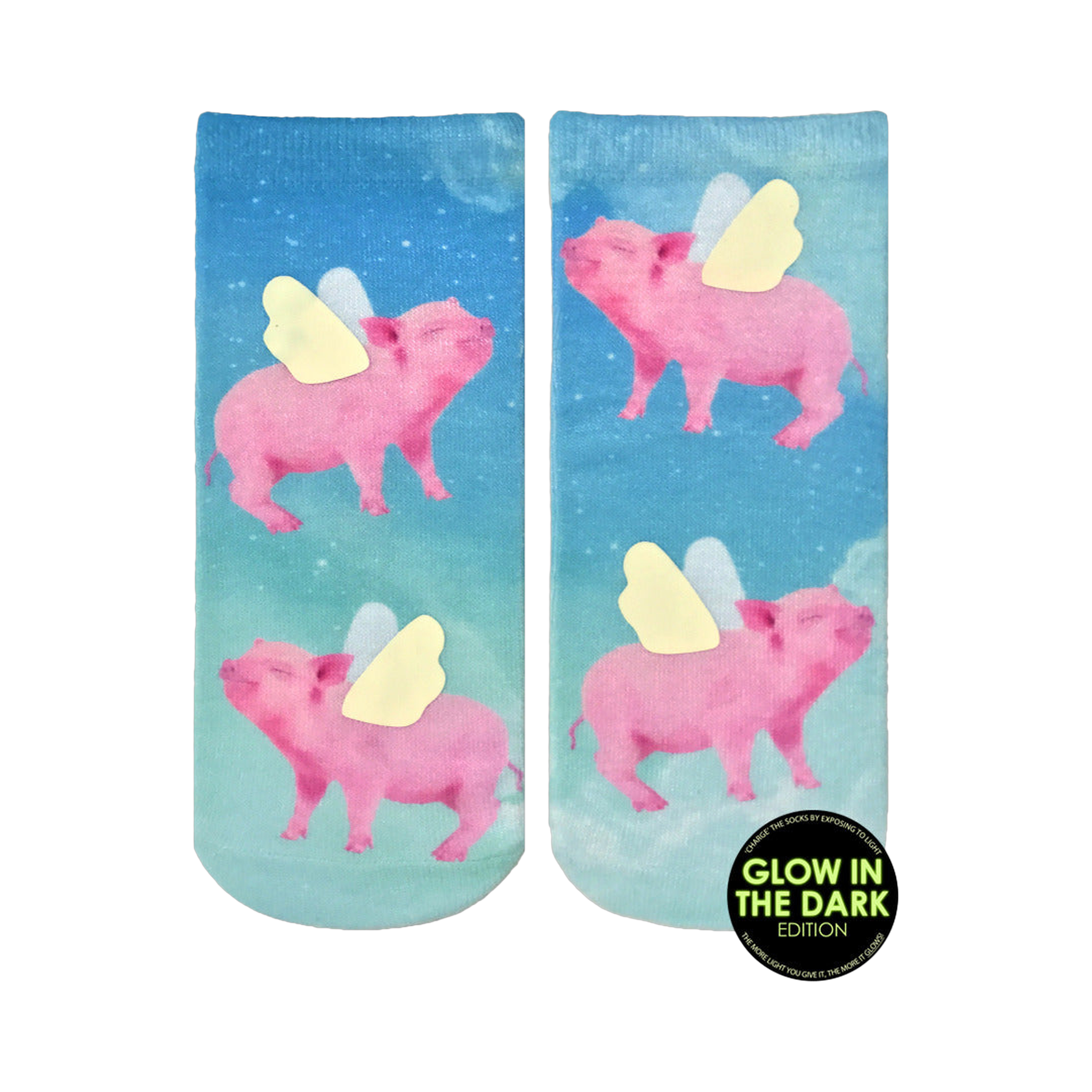 Lifestyle shot of the 'When Pigs Fly Glow' socks on a person's feet. The glow-in-the-dark detail is subtly visible.