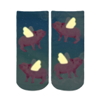 Ankle socks showcasing a whimsical design of pink pigs with glow-in-the-dark wings flying against a teal, starry sky. [lf]