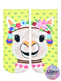 Ankle socks showcasing a whimsical llama wearing a flower crown. The main colors are lime green, white, and pink, with colorful tassels and glitter accents. [lf]