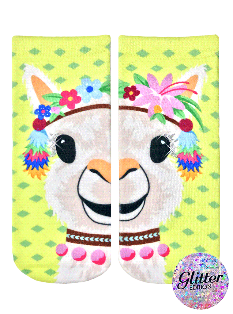 Ankle socks showcasing a whimsical llama wearing a flower crown. The main colors are lime green, white, and pink, with colorful tassels and glitter accents. [lf]