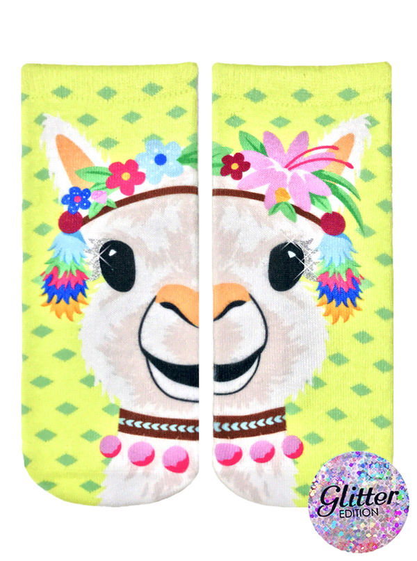 Ankle socks showcasing a whimsical llama wearing a flower crown. The main colors are lime green, white, and pink, with colorful tassels and glitter accents. [lf]