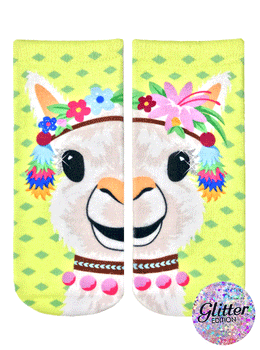 yellow socks with green diamond pattern featuring llama wearing a flower crown with silver glitter on its ears and cheeks.   