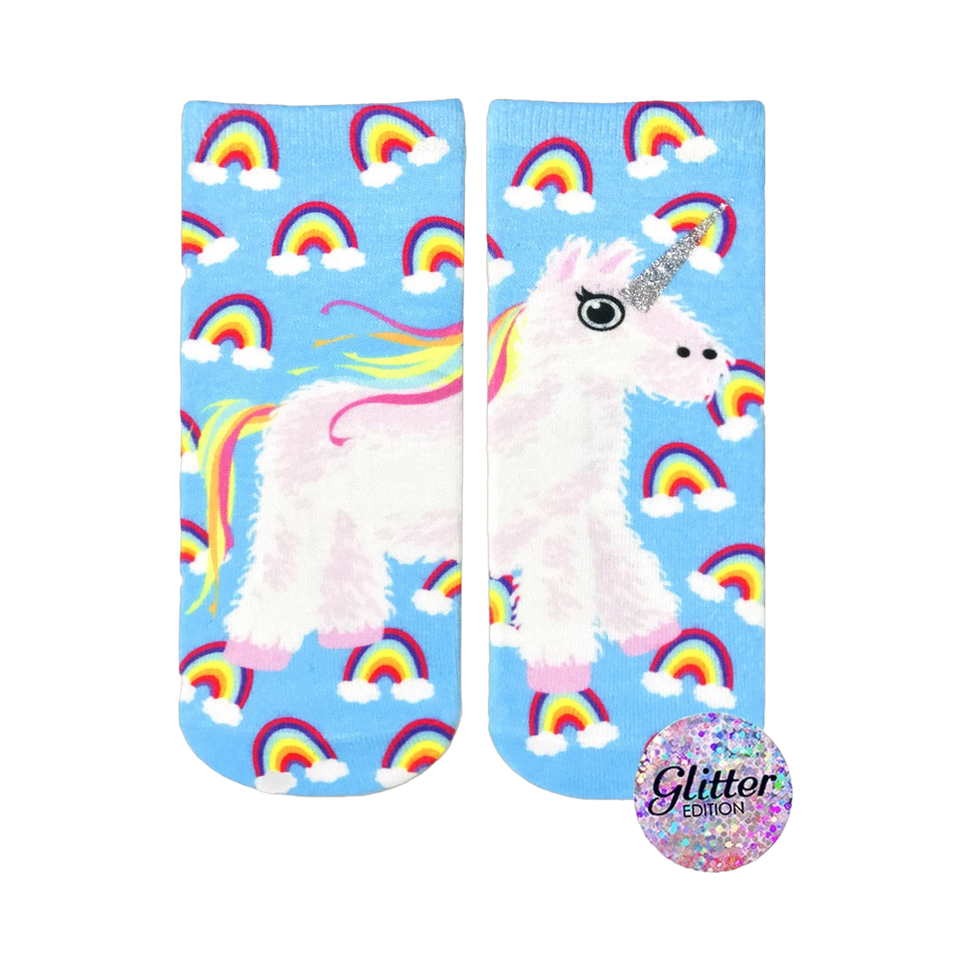 Crew socks with a fluffy unicorn and rainbows on a light blue background. Glitter accents on the unicorn's horn.