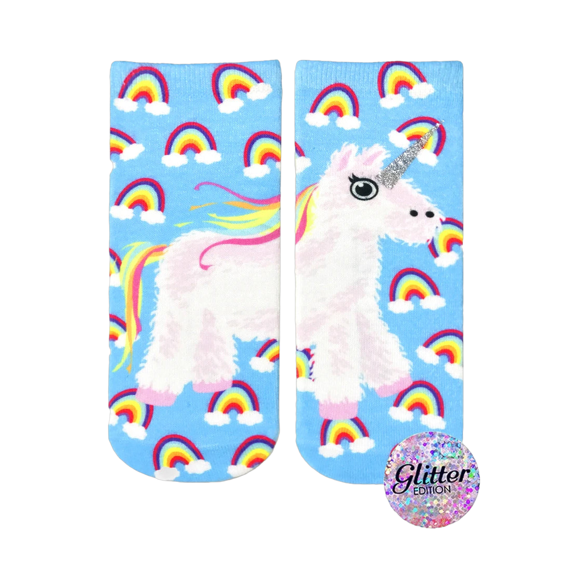 Crew socks with a fluffy unicorn and rainbows on a light blue background. Glitter accents on the unicorn's horn.