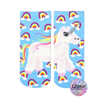 Crew socks with a fluffy unicorn and rainbows on a light blue background. Glitter accents on the unicorn's horn.