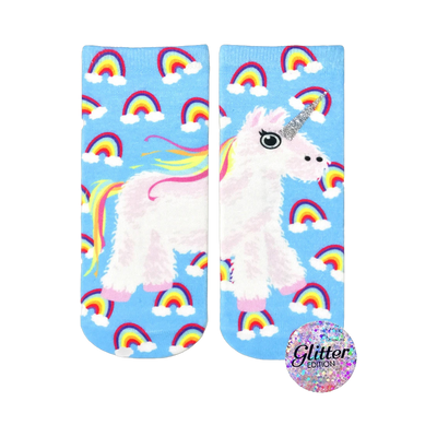 Crew socks with a fluffy unicorn and rainbows on a light blue background. Glitter accents on the unicorn's horn.