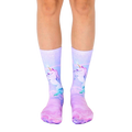 Crew socks in pastel purple, featuring a whimsical design of unicorns in a starry sky. Perfect for adding a touch of magic to your everyday look. [lf]