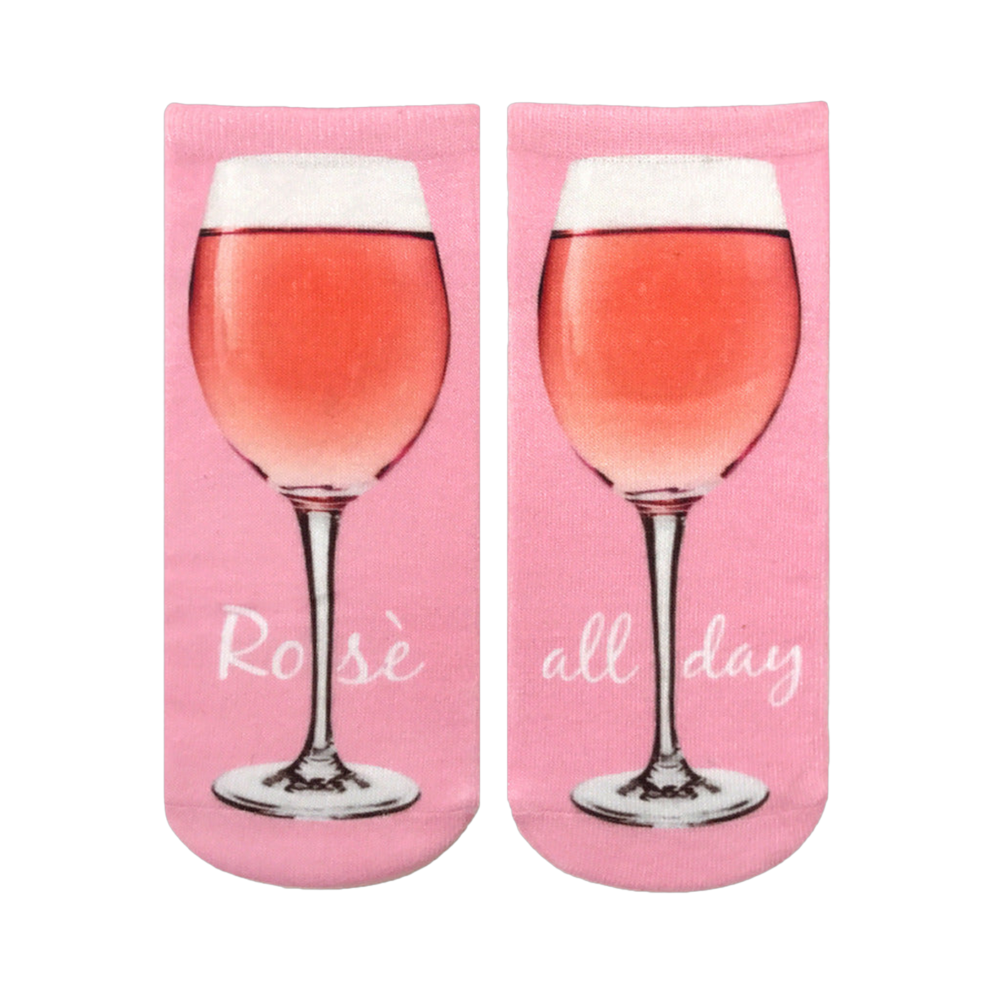 Pair of pink ankle socks with a graphic of a glass of rosé wine and the text 'Rosé all day'.