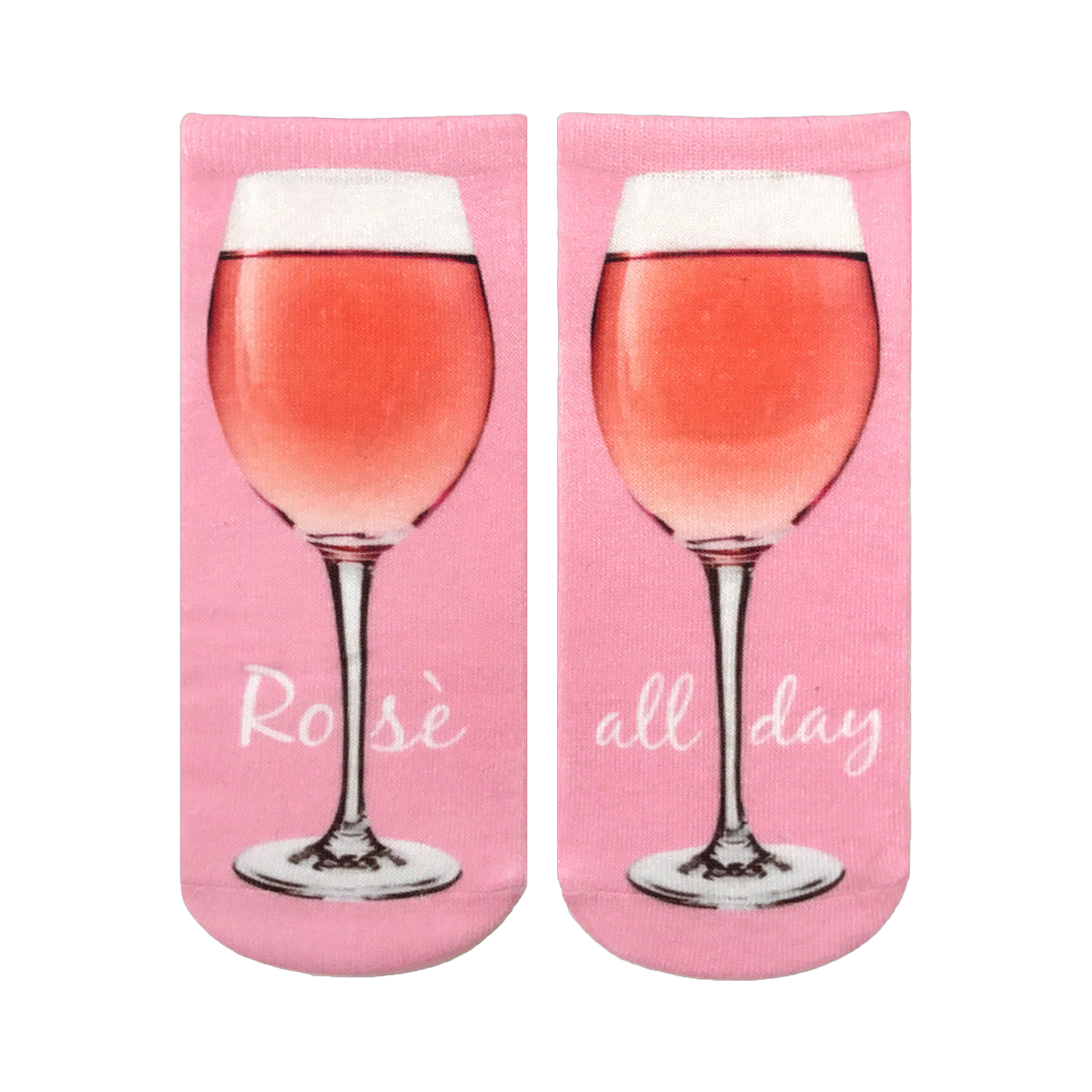 Pair of pink ankle socks with a graphic of a glass of rosé wine and the text 'Rosé all day'.