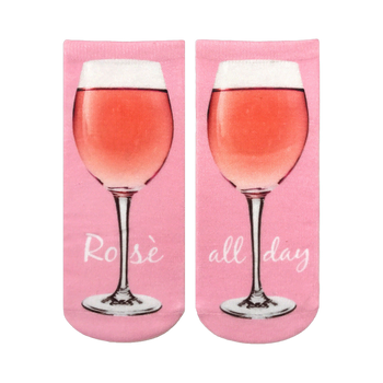 Pair of pink ankle socks with a graphic of a glass of rosé wine and the text 'Rosé all day'.