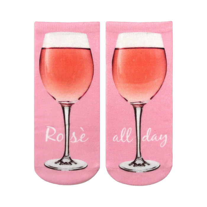 Pair of pink ankle socks with a graphic of a glass of rosé wine and the text 'Rosé all day'. }}