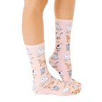 Lifestyle shot of Cat Breeds socks on a person's feet, showcasing the socks' design and fit. [lf]