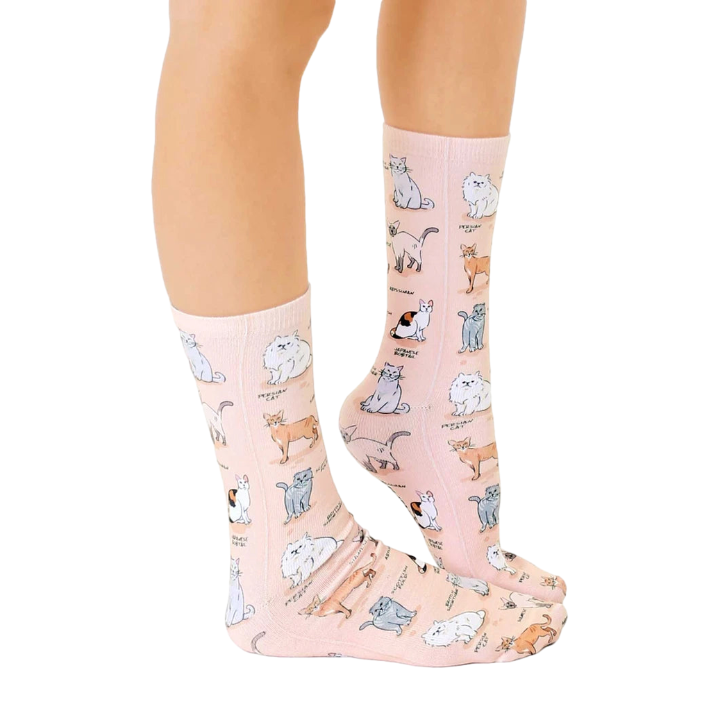 Lifestyle shot of Cat Breeds socks on a person's feet, showcasing the socks' design and fit. [lf]