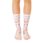 A pair of peach crew socks featuring illustrated cats of various breeds in soft blues and grays.  A fun and whimsical design! [lf]