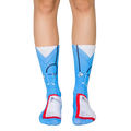 Crew socks in light blue, featuring a nurse's scrubs design, stethoscope, and prescription pad graphic. Fun and comfortable! [lf]