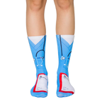 Crew socks in light blue, featuring a nurse's scrubs design, stethoscope, and prescription pad graphic. Fun and comfortable! [lf]
