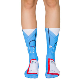bright blue nurse-themed crew socks with white lab coats, black stethoscopes, and red prescription notepads.   