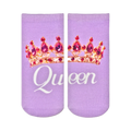 Pair of lavender ankle socks featuring a jeweled gold crown and the word 'Queen' in a white script.