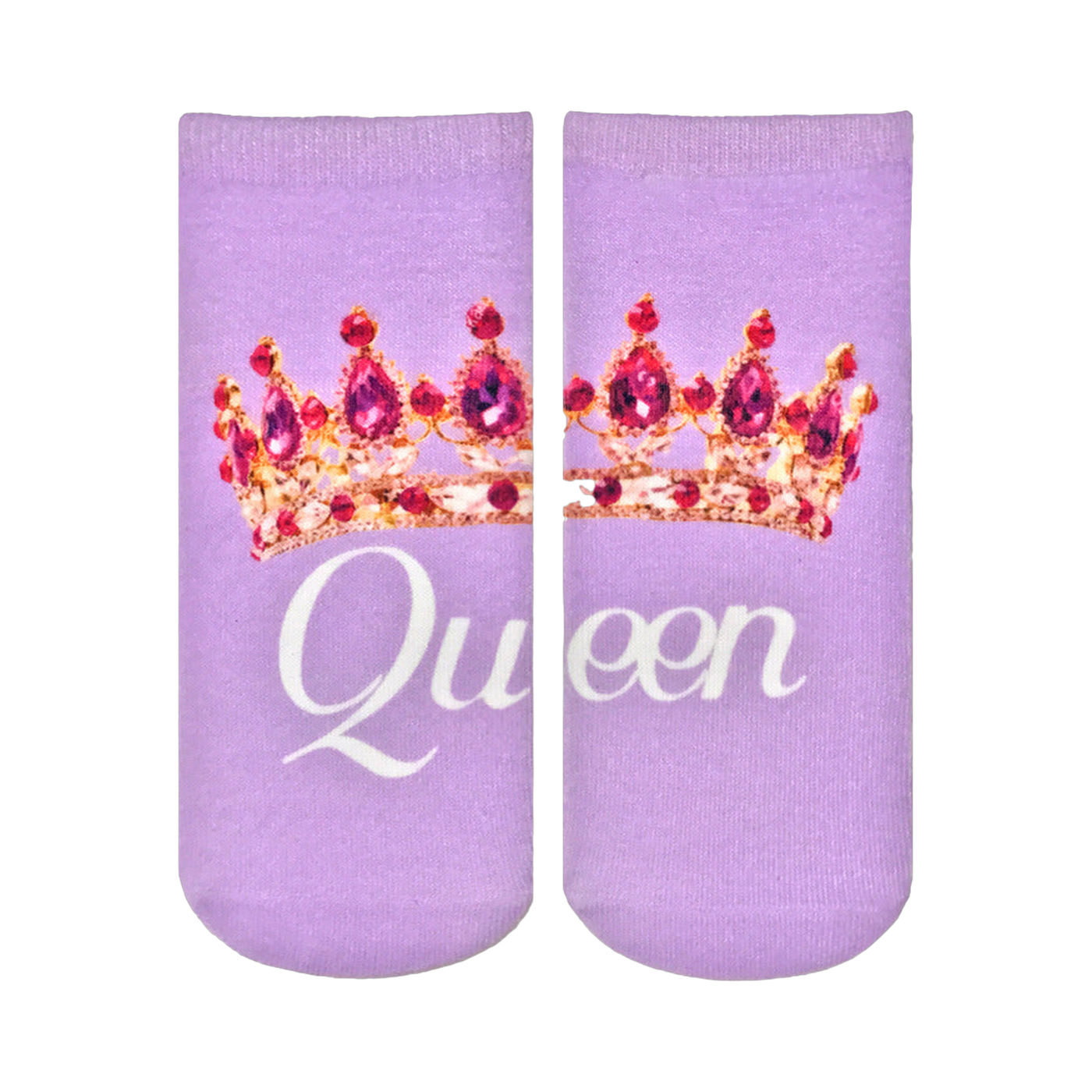 Pair of lavender ankle socks featuring a jeweled gold crown and the word 'Queen' in a white script.