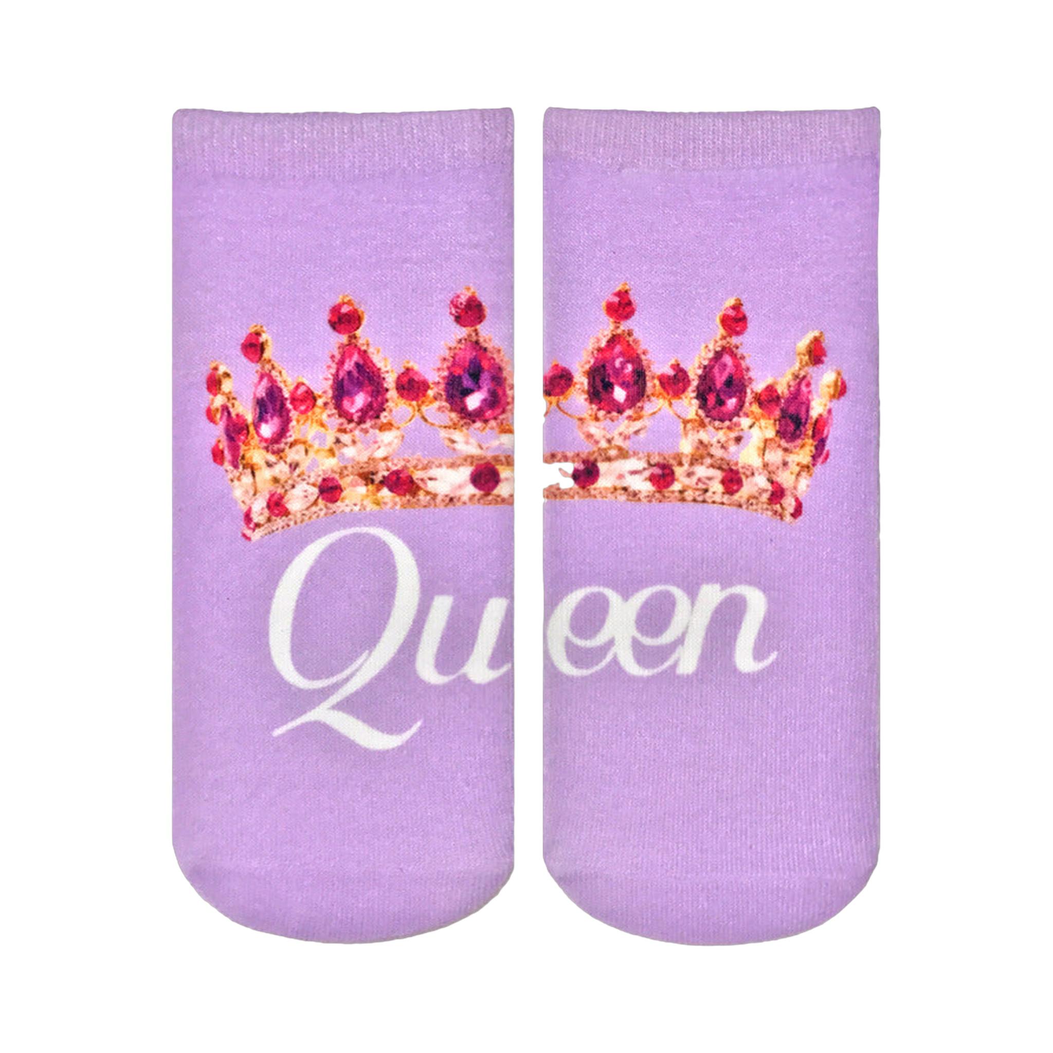 Pair of lavender ankle socks featuring a jeweled gold crown and the word 'Queen' in a white script.