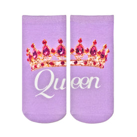  purple ankle socks featuring gold and pink crown pattern and "queen" text. women's sassy fun novelty sock.   