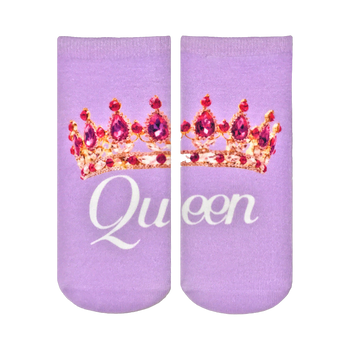 Pair of lavender ankle socks featuring a jeweled gold crown and the word 'Queen' in a white script.