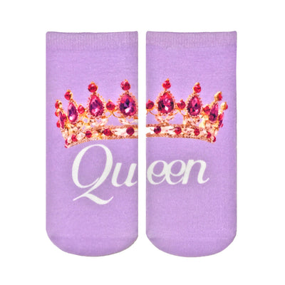  purple ankle socks featuring gold and pink crown pattern and "queen" text. women's sassy fun novelty sock.   