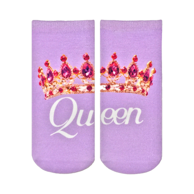 Pair of lavender ankle socks featuring a jeweled gold crown and the word 'Queen' in a white script.