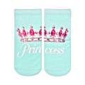 A pair of mint green ankle socks with a pink jeweled crown and the word 'Princess' in a script font.