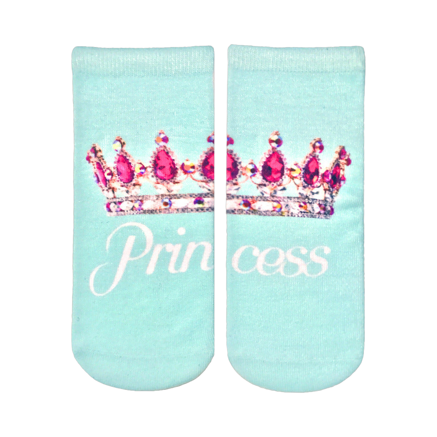 A pair of mint green ankle socks with a pink jeweled crown and the word 'Princess' in a script font.