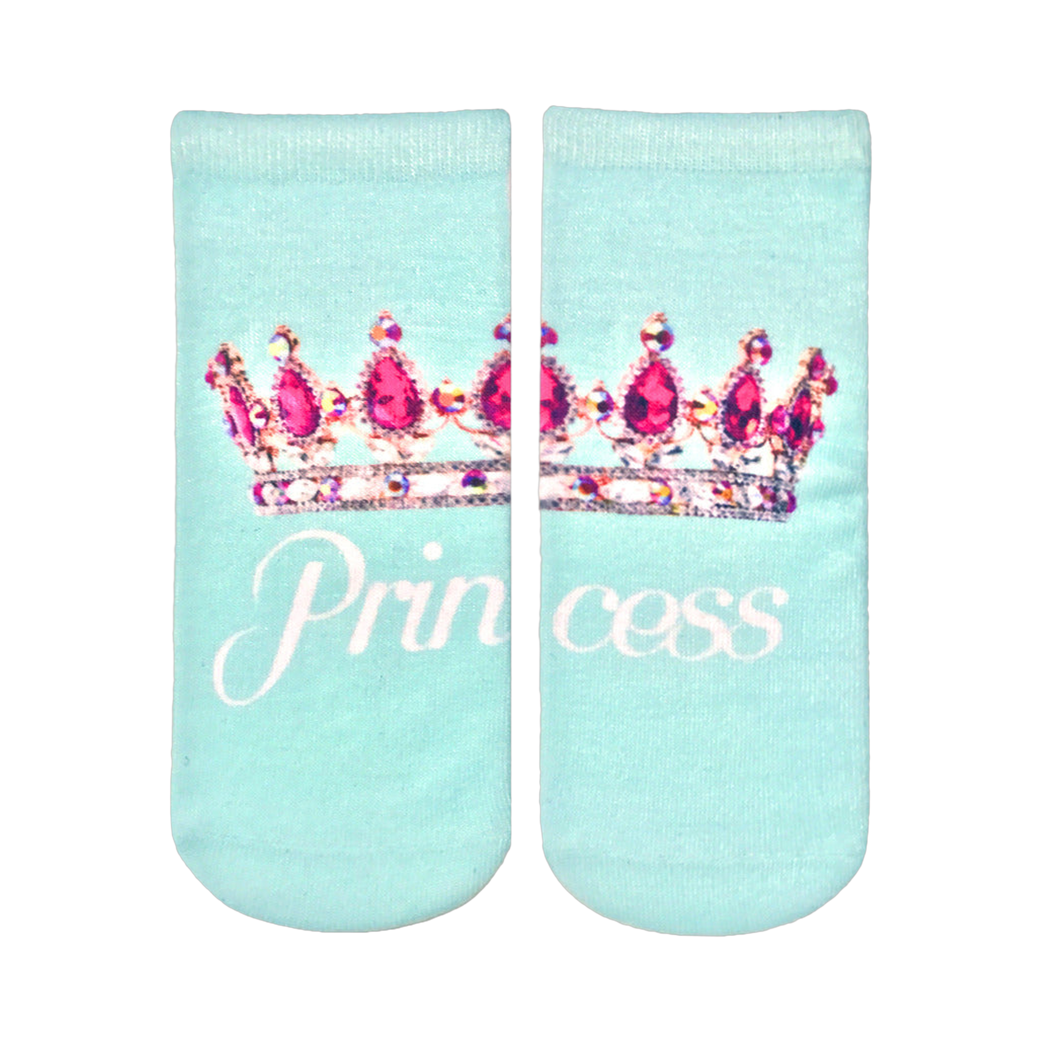 A pair of mint green ankle socks with a pink jeweled crown and the word 'Princess' in a script font.
