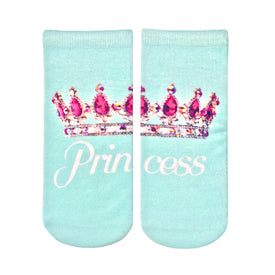 light blue ankle socks for women with a pattern of pink jeweled crowns.   