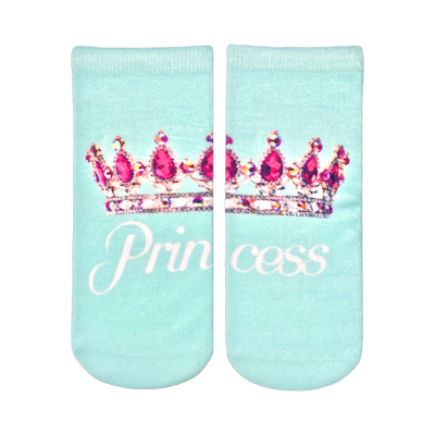 A pair of mint green ankle socks with a pink jeweled crown and the word 'Princess' in a script font.