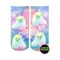 Crew socks featuring pastel rainbow-colored unicorn puppies on a galaxy print.  They glow in the dark!