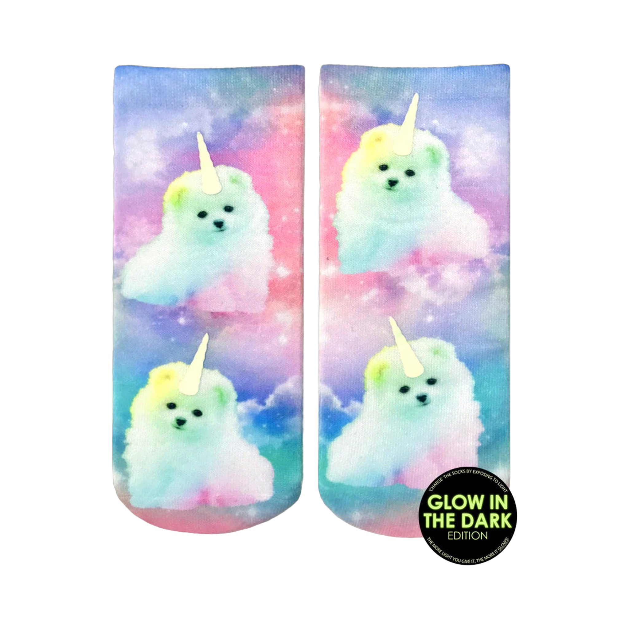 Crew socks featuring pastel rainbow-colored unicorn puppies on a galaxy print.  They glow in the dark!