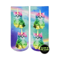Crew socks featuring rainbow-colored unicorn kitties against a pastel galaxy print.  The socks glow in the dark.
