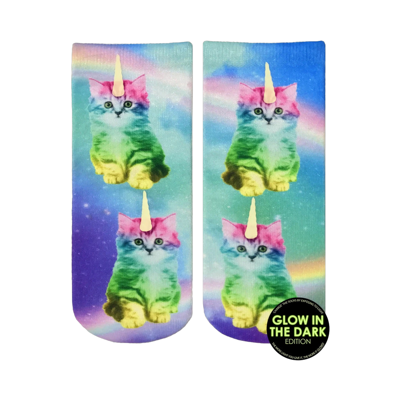 Crew socks featuring rainbow-colored unicorn kitties against a pastel galaxy print.  The socks glow in the dark.