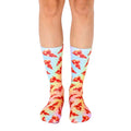 A pair of crew socks in pastel rainbow colors with a repeating pattern of pizza slices. Fun and quirky! [lf]