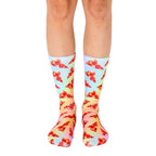 A pair of crew socks in pastel rainbow colors with a repeating pattern of pizza slices. Fun and quirky! [lf]