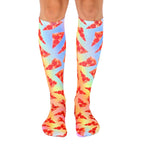 Pair of knee-high socks with a pastel rainbow gradient background featuring repeating images of pepperoni pizza slices. [lf]