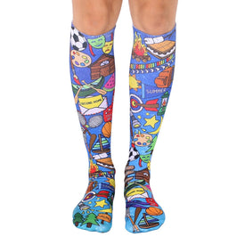 funky blue knee-high galaxy camp socks with tents, campfires, marshmallows, sports balls, and more.  