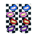 Ankle socks with a black and white checkered pattern and colorful lips with gold grillz.  The lips are pink, purple, red, and blue.