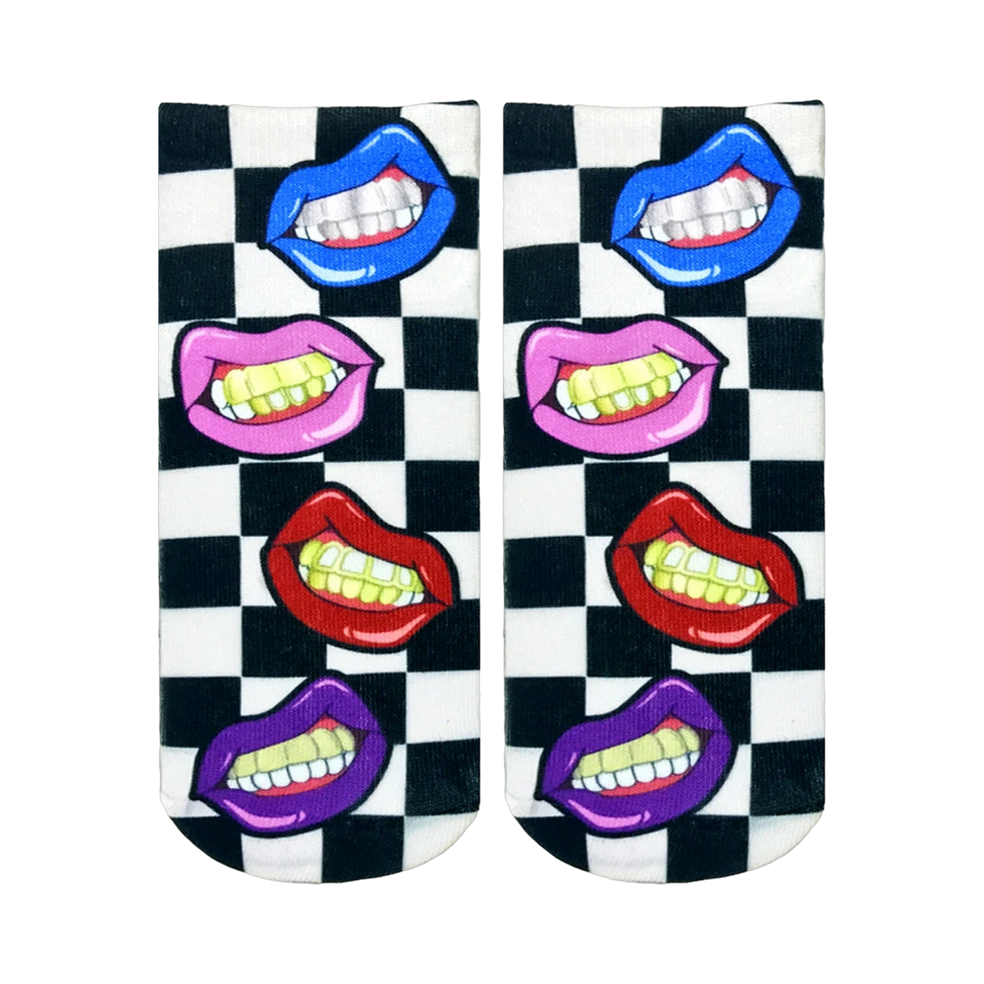 Ankle socks with a black and white checkered pattern and colorful lips with gold grillz.  The lips are pink, purple, red, and blue.