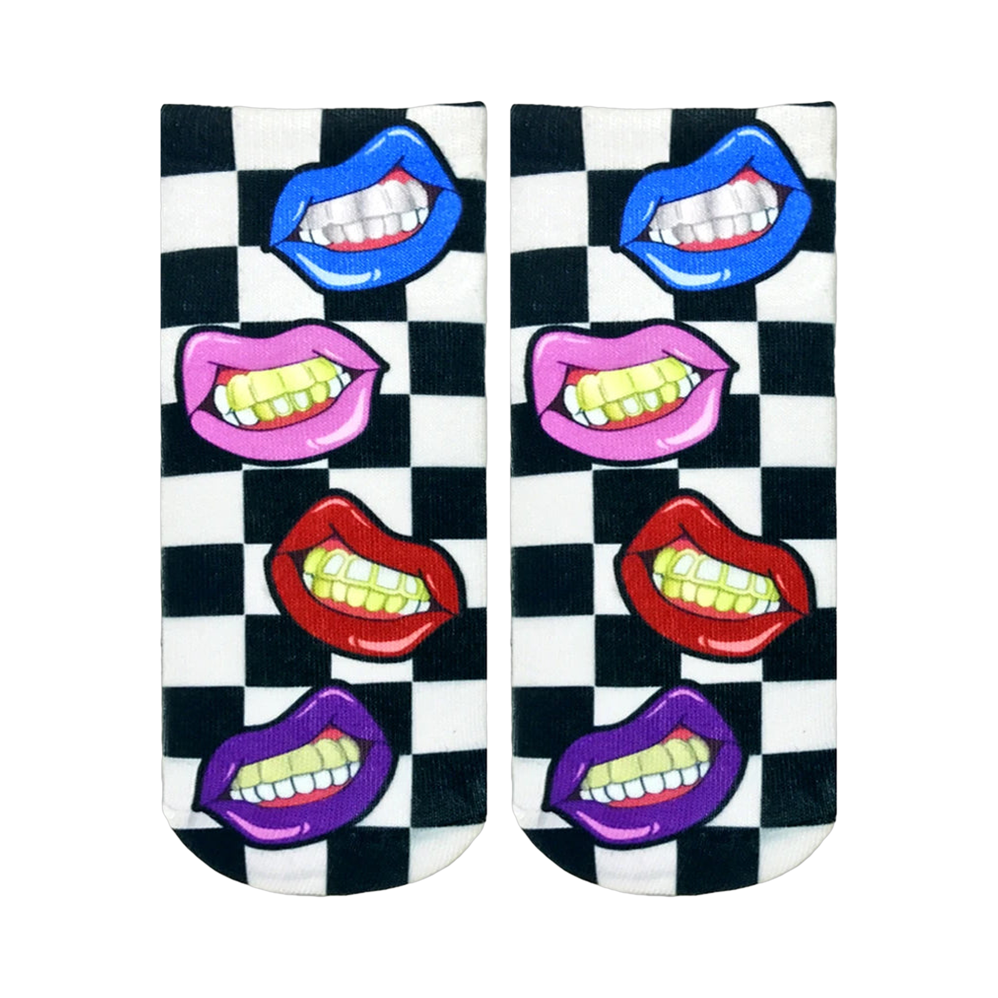 Ankle socks with a black and white checkered pattern and colorful lips with gold grillz.  The lips are pink, purple, red, and blue.